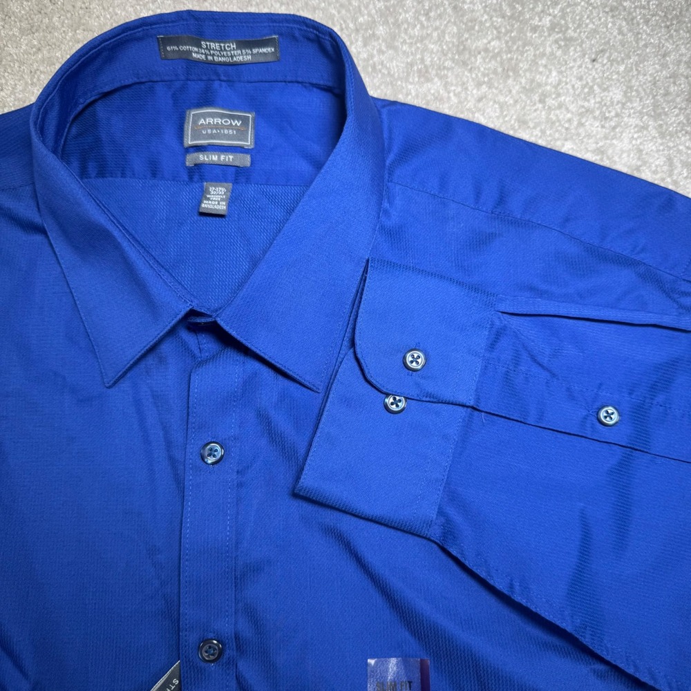 Arrow USA 1851 Mens Slim Fit Dress Shirt Royal Blue Stretch Wrinkle Free 17-17.5